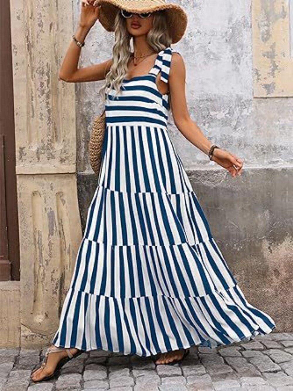 Women's Spaghetti Strap Sleeveless Printed Pocket Side Zipper Tiered Dress - Picture 2 of 5